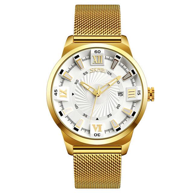SKMEI 9166 Business Gold Stainless Steel Strap Date Display Waterproof Men Watch Quartz Watch