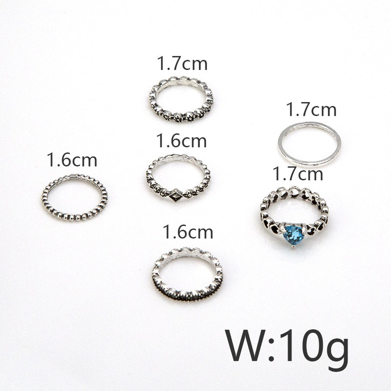 6 Pcs/Set Ethnic Antique Silver Rhinestone Heart Shape Finger Ring Geometry Knuckle Ring for Women