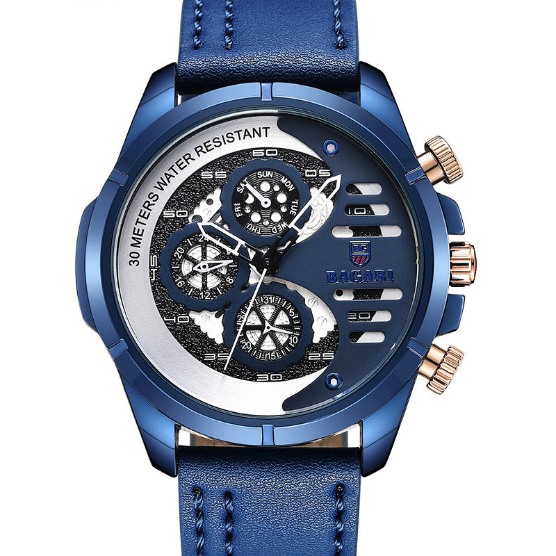 BAGARI 1802P Fashion Men Watch 3ATM Waterproof Week Display Leather Strap Quartz Watch