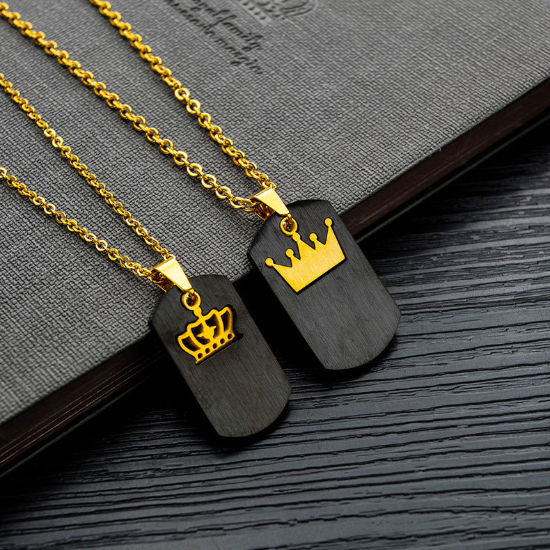 Her King His Queen Crown Couple Square Titanium Steel Necklace