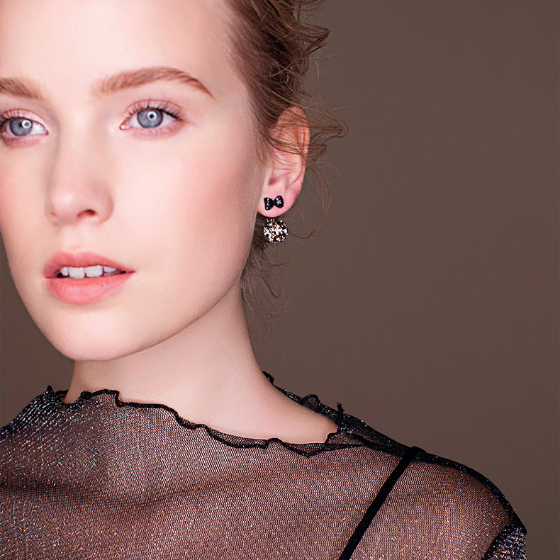Sweet 925 Sterling Silver Earrings Full Rhinestone Bowknot Ball Stud Earrings for Women