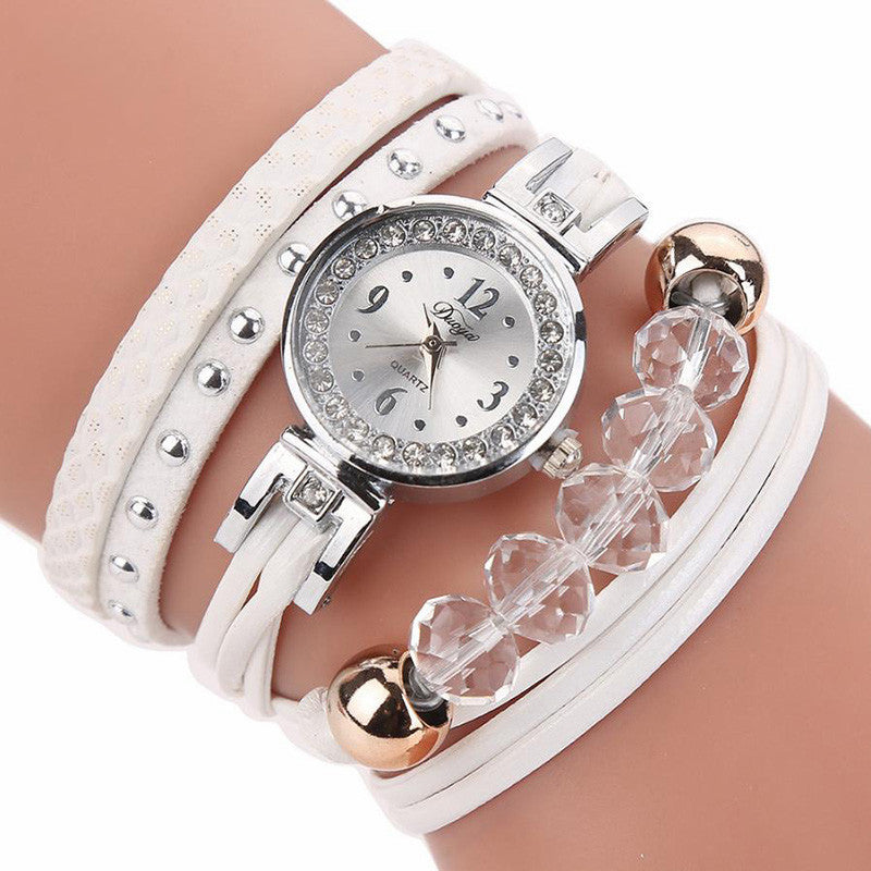 DUOYA D214 Crystal Casual Style Women Bracelet Watch Gift Leather Strap Quartz Watch