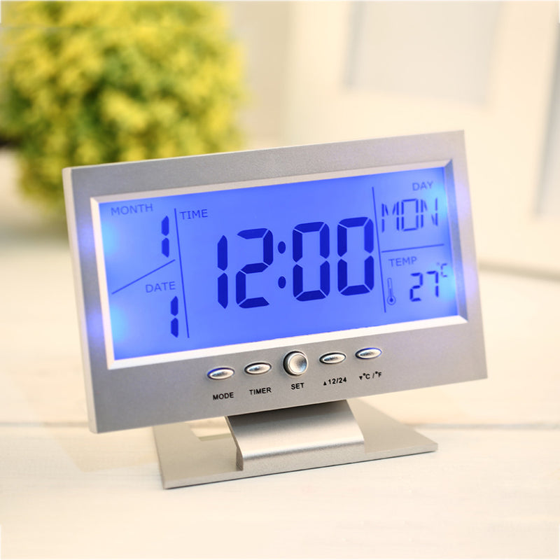 Voice Control Back-light LCD Alarm Clock Weather Monitor Calendar With Timer Sound Sensor Temperatur