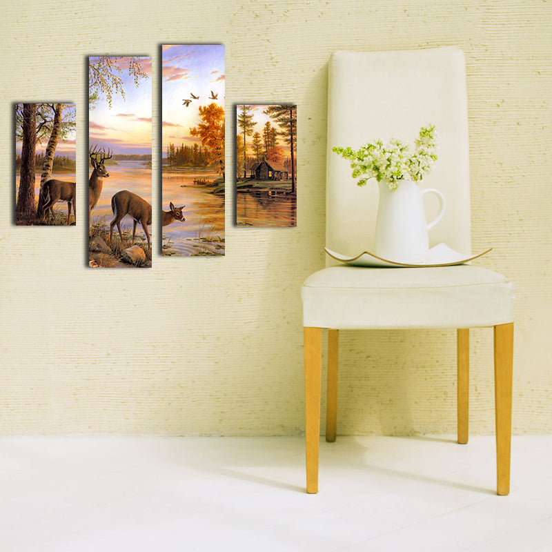 Miico Hand Painted Four Combination Decorative Paintings Lakeside Scenery Wall Art For Home Decoration