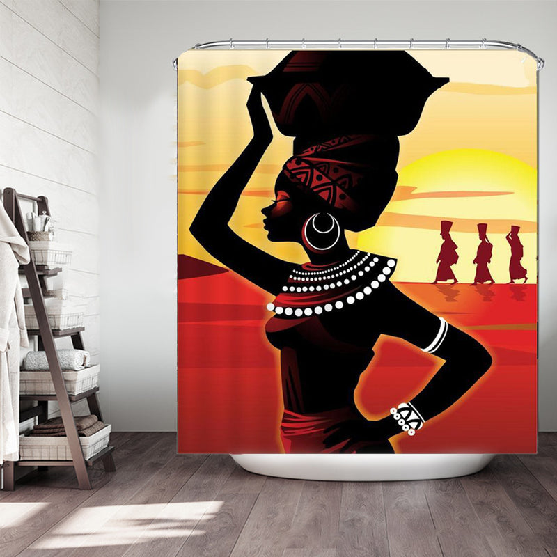 African Girl Waterproof Bathroom Shower Curtains with C-shaped Curtain Hooks