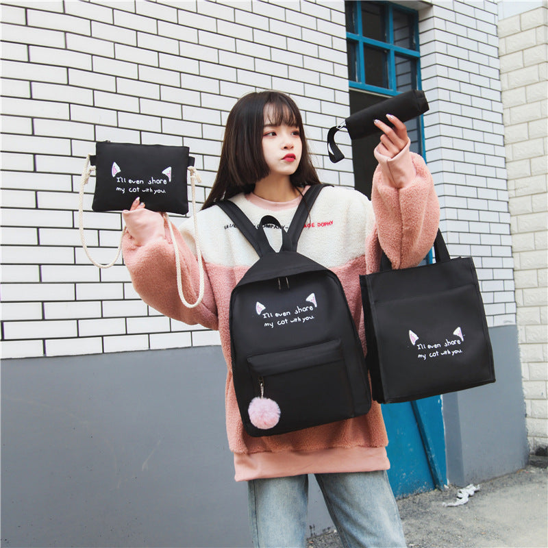 4 Pcs/Set Women Canvas Backpack Shoulder Bag Crossbody Bag Pencil Case Fashion Travel Laptop Bag Leisure Backpacks For Teenage Girls Cat Ear Letters Print School Bag