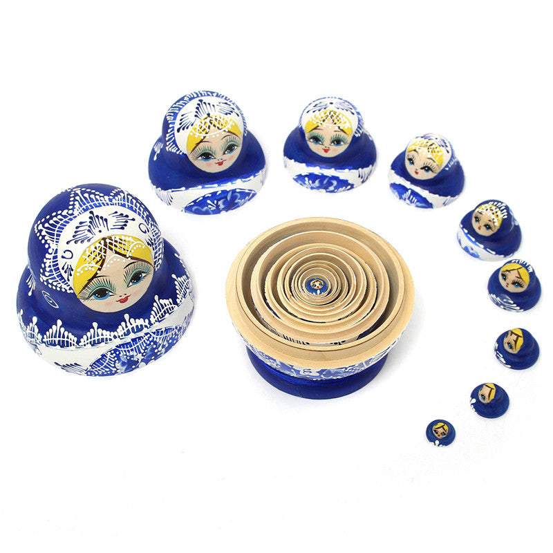 1 Set 10Pcs Russian Dolls Wooden Hand Painted Nesting Babushka Matryoshka Present Gift