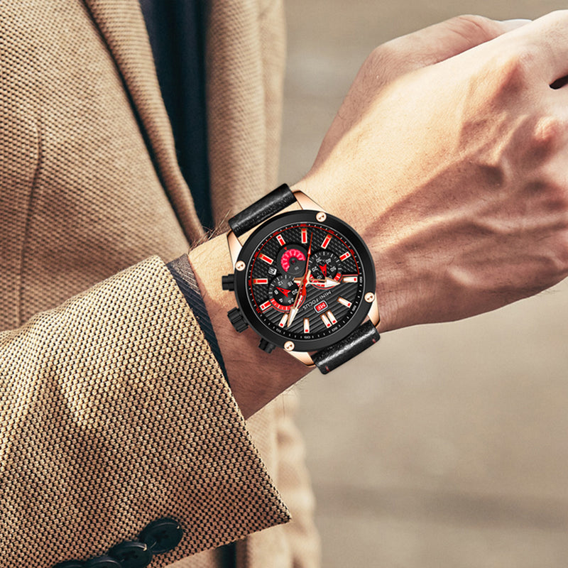 MINIFOCUS 0288G Fashion Business Men Watch Waterproof Luminous Leather Strap Quartz Watch