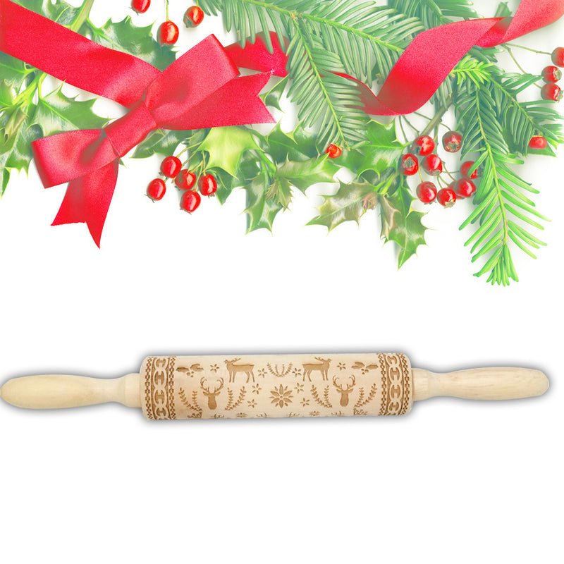 Loskii JM01688 Wooden Christmas Embossed Rolling Pin Dough Stick Baking Pastry Tool New Year Christmas Decoration