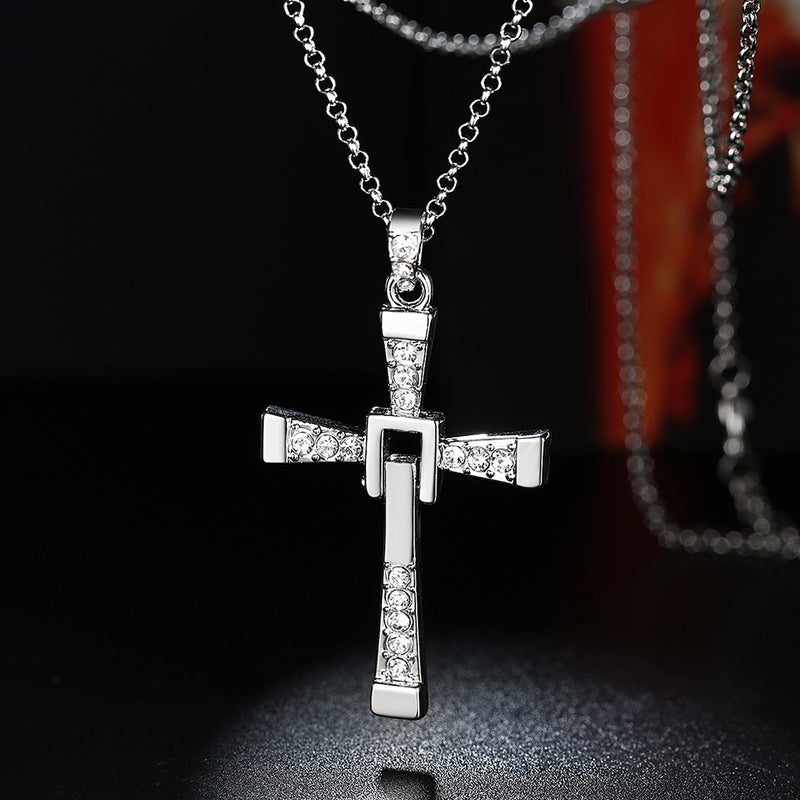 Men Cross Pendant Chain Long Necklace Crystal Alloy