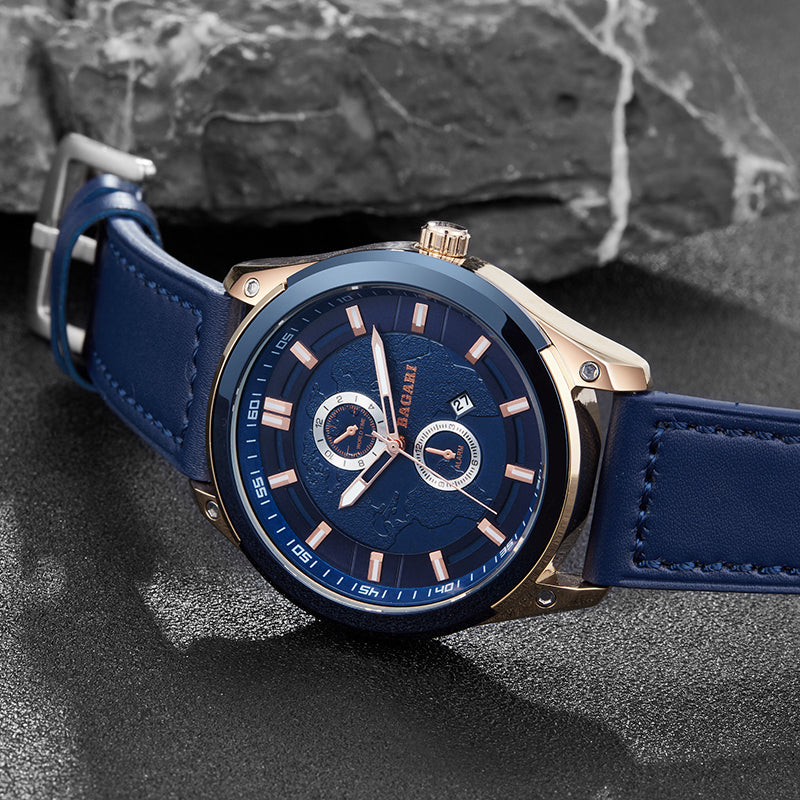 BAGARI 8009P Fashion Leather Strap Men Date Display Quartz Watch
