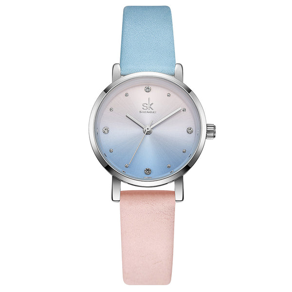 SHENGKE SK K8029 Fashion Color Gradient Leather Strap Luxury Women Crystal Dial Quartz Watch