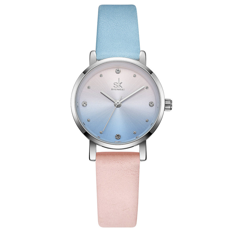 SHENGKE SK K8029 Fashion Color Gradient Leather Strap Luxury Women Crystal Dial Quartz Watch