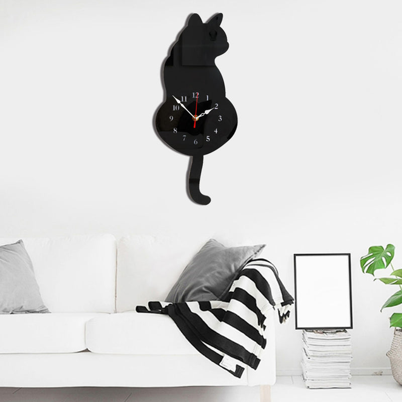 Wagging Tail Cat Design Wall Clock Kids Bedroom Wall Decoration Unique Gift Creative Cartoon Mute DIY Clock