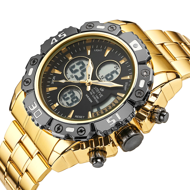 STRYVE S8018 Men Full Steel Waterproof Date Week Chrono Alarm Clock Dual Display Digital Watch