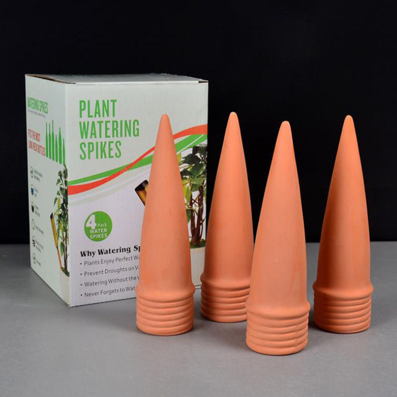 4Pcs/Set Modern Terracotta Clay Plant Watering Stakes Automatic Watering Spikes Long Neck Bottle Watering Device Drip Irrigation for Home Vacation