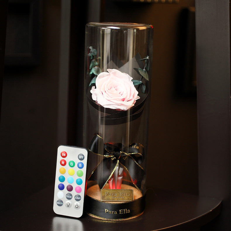 Para Ella Preserved Fresh Rose Flower with Fallen Petals in Glass Dome on a Wooden Base Decorations