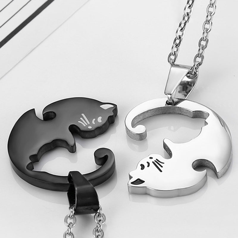 Trendy Geometric Animal Stainless Steel Necklace Cute Sweet Cat Pendant Puzzle Couple Necklace