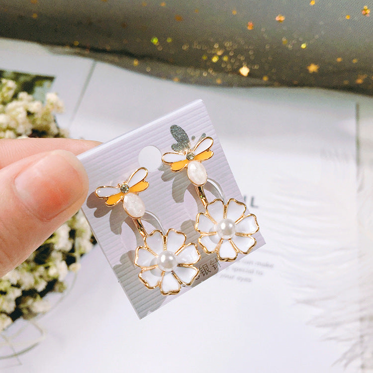 925 Sterling Silver Ear Drop Cute Dragonfly Flower Pearl Earring Gift for Women