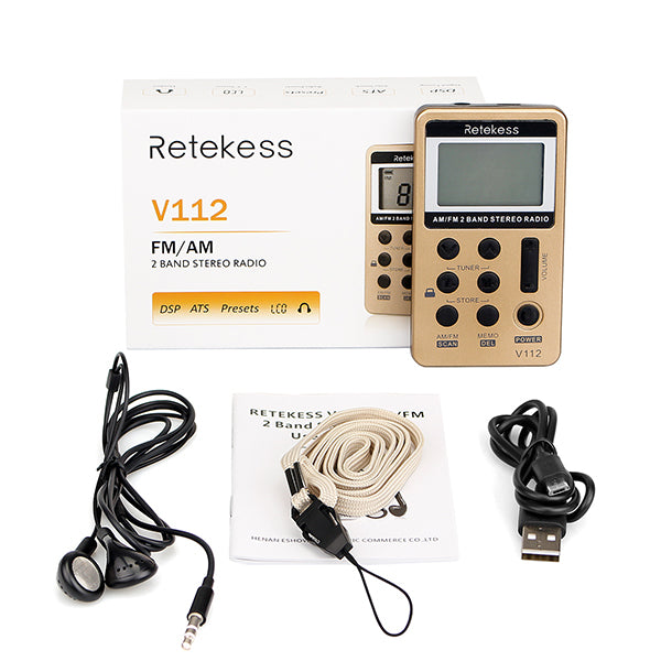 Retekess V-112 Gold Portable AM FM Stereo Radio with Earphones Pocket Digital Battery Operated Radio