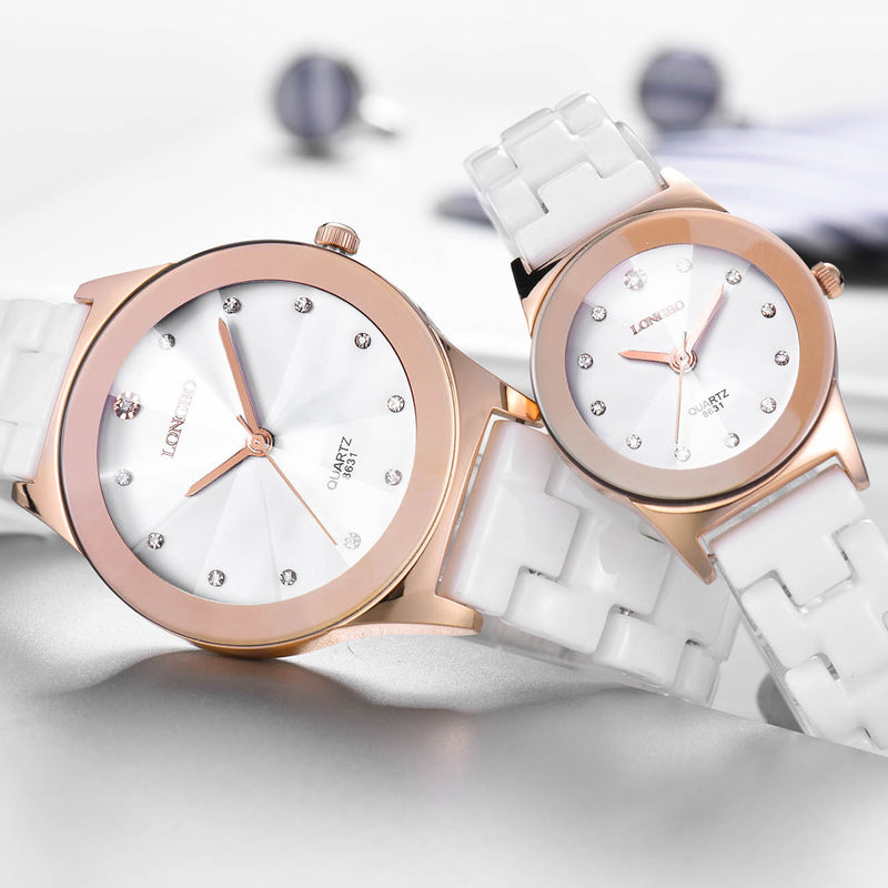 LONGBO 8631 White Ceramic Diamond Couple Watch Waterproof Casual Style Unisex Quartz Watch