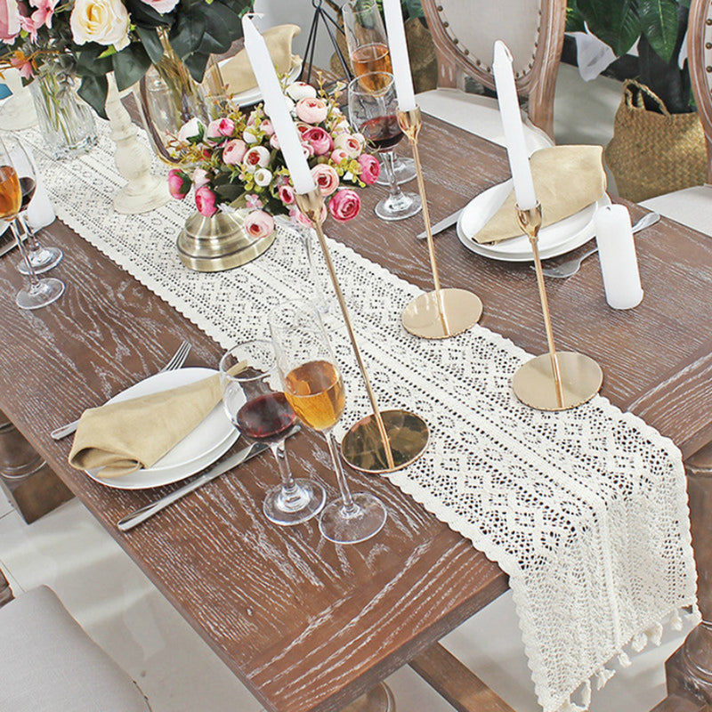 Beige Crochet Lace Table Runner Tassel Wedding Decorations Hollow Tablecloth Party Decor