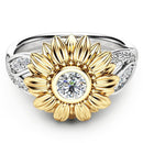 Vintage Zircon Inlaid Gold Sunflower Hollow Leaf Platinum Ring Gift for Her
