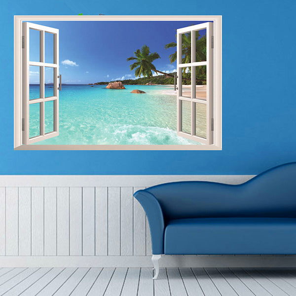 3D Hawaii Holiday Sea View Beach Window View Decal Wall Sticker