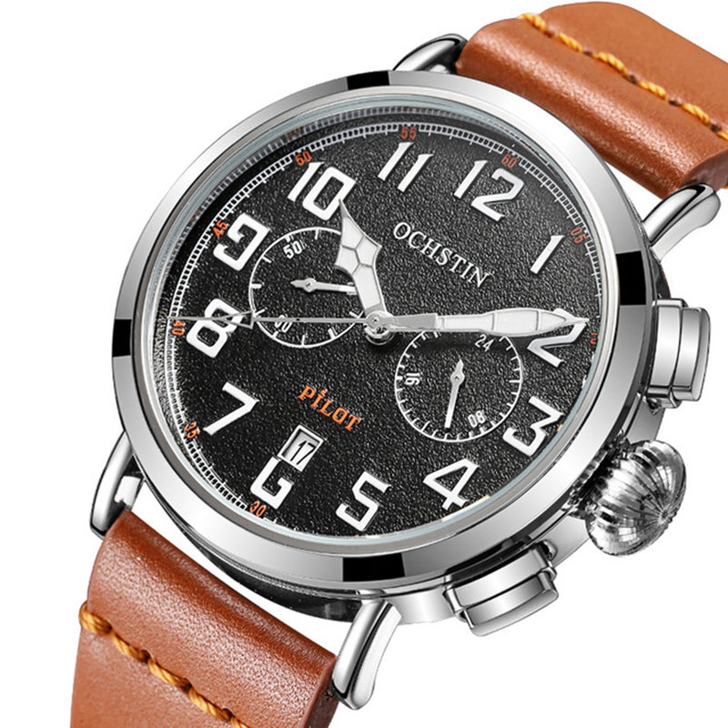 OCHSTIN GQ077A Calendar Casual Style Men Wrist Watch Leather Strap Elegant Quartz Watch