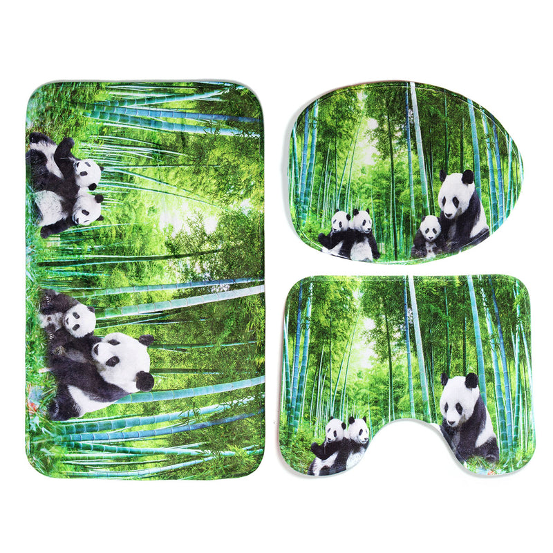 4Pcs Panda Bamboo Decor Non-Slip Rug Toilet Lid Cover Bath Mat Shower Curtain for Bathroom