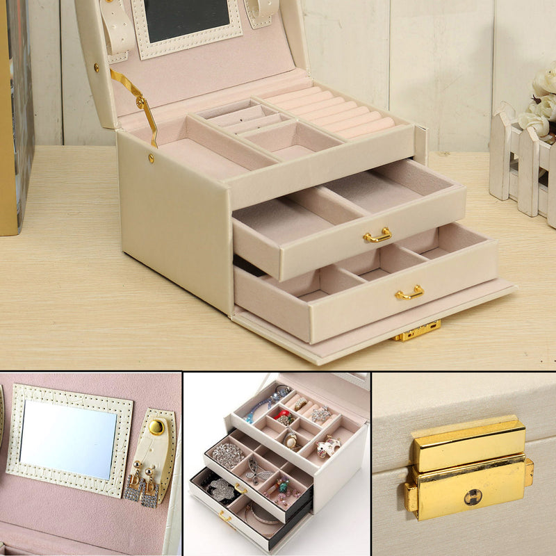3 Layers Drawer With Mirror Velvet Jewelry Box Necklace Ring Storage Organizer Case