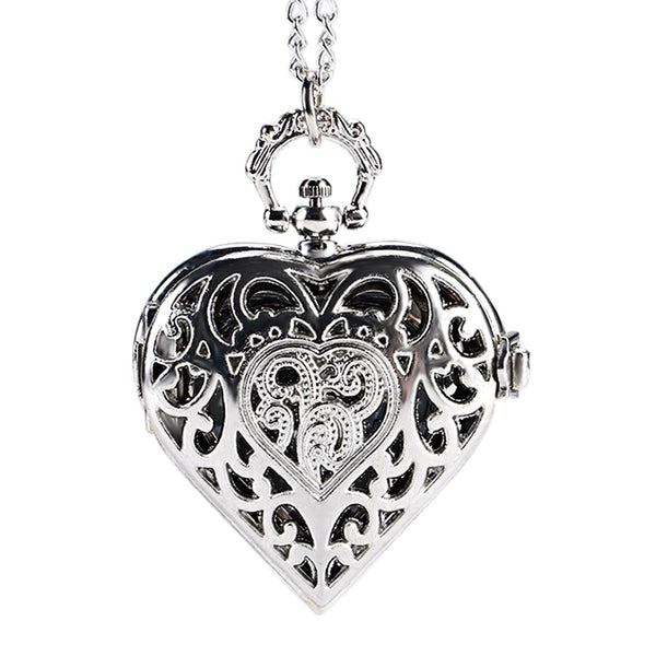 DEFFRUN Silver Heart Shape Hollow Quartz Pocket Watch