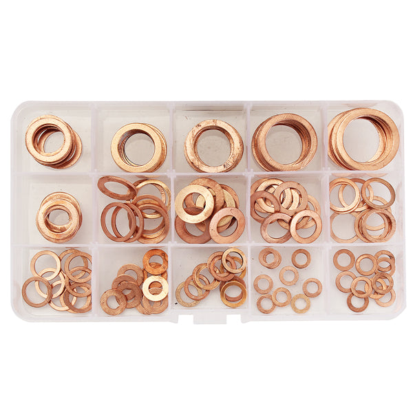 150Pcs Solid Copper Washers Sump Plug Assorted Washer Set Plastic Box 15 Sizes