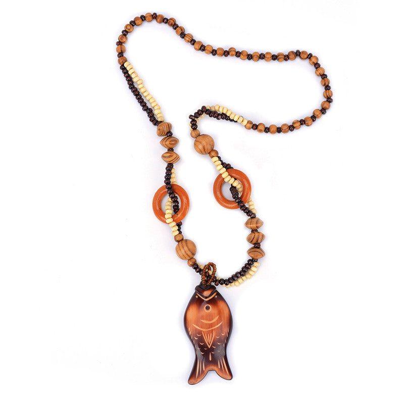 Trendy Handmade Wood Bead Long Chain Pendant Fish Elephant Charm Necklace for Women