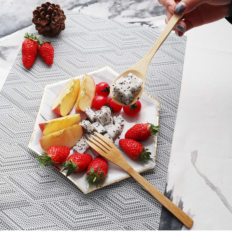 6Pcs/set Bamboo Wooden Cutlery Fork Spoon Cutter Straw Brush Flatware Tableware Camping Picnic