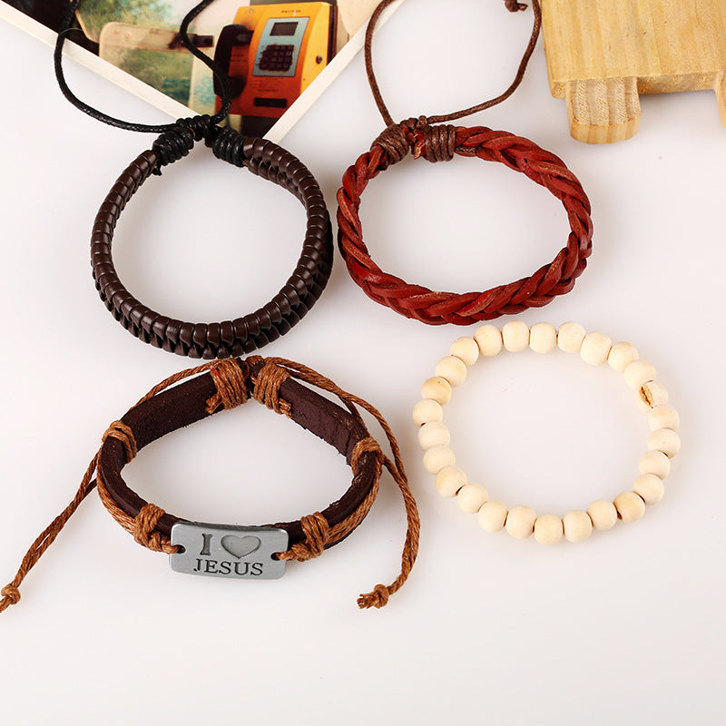Religious I Love Jesus Bracelet Cowhide Multilayer Wristband White Wood Bead Bracelet for Men