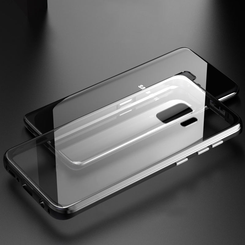 Luphie Metal Bumper+9H Transparent Tempered Glass Shell Protective Case For Samsung Galaxy S9 Plus