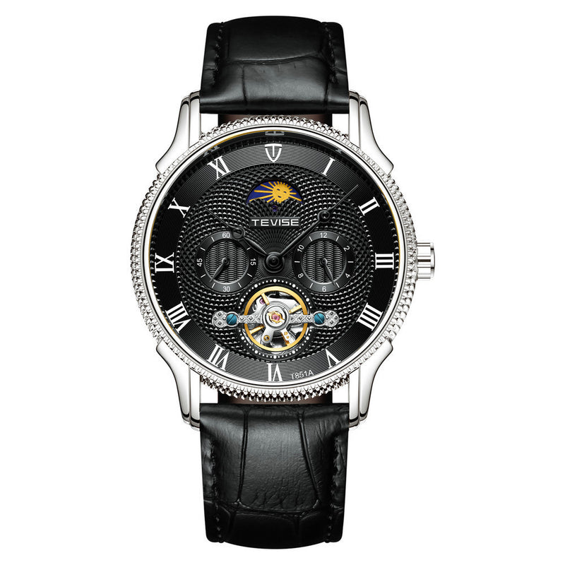 TEVISE T851A Moon Phase Automatic Mechanical Watch Roman Number Leather Band Men Watch
