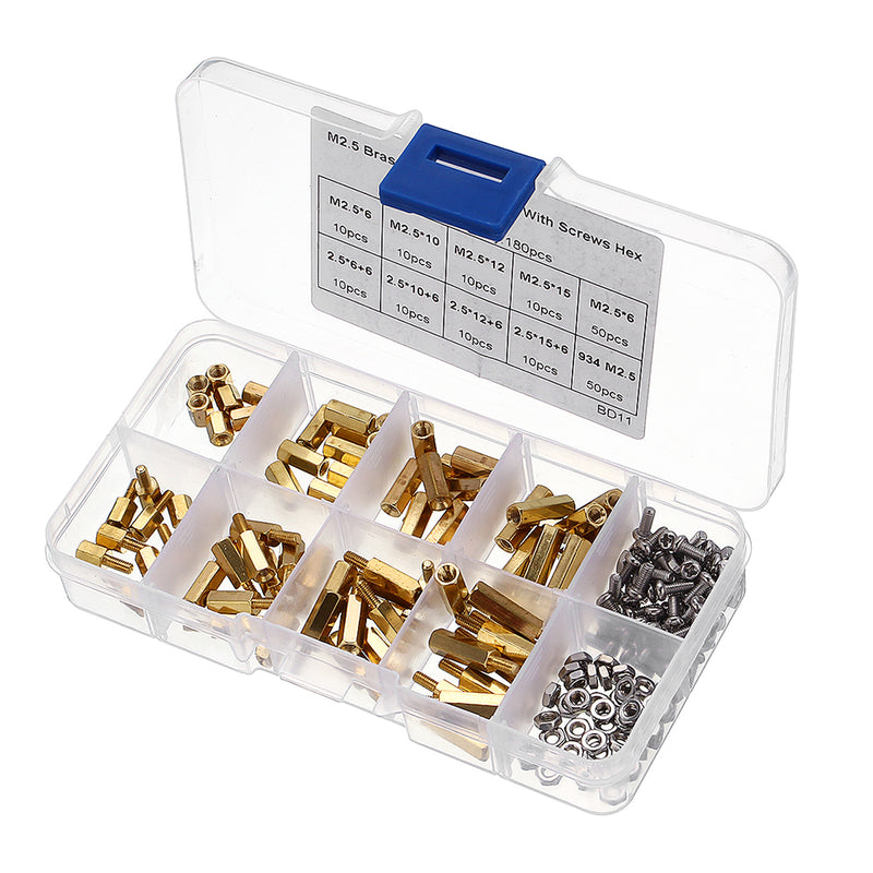 Suleve M2.5BH1 180Pcs M2.5 Brass Male-Female Hex Column Standoff Support Spacer Pillar Cross Screw Nut Assortment for PCB Board