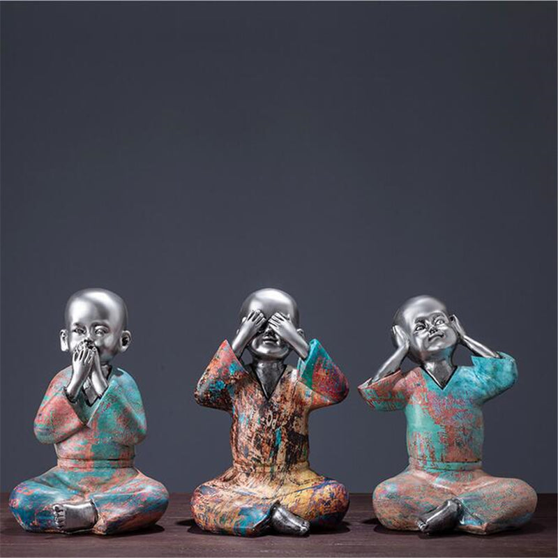 3PCS Speak Hear See No Evil Buddist Monk Resin Ornament Home Office Decorations Gift