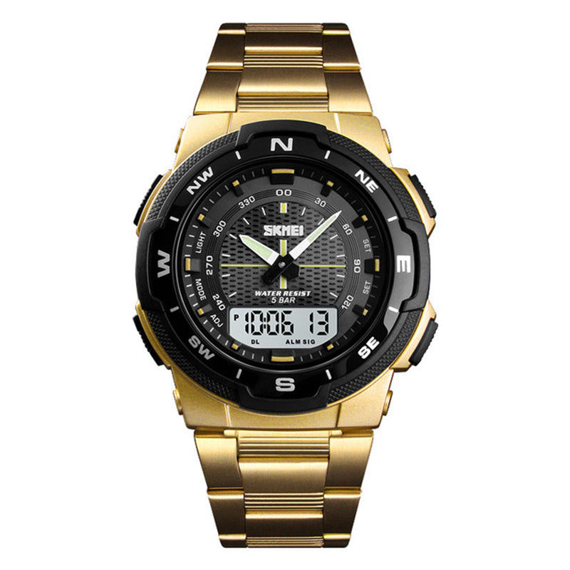 SKMEI 1370 Stainless Steel Waterproof Chrono Dual Digital Watch Business Style Men Wrist Watch
