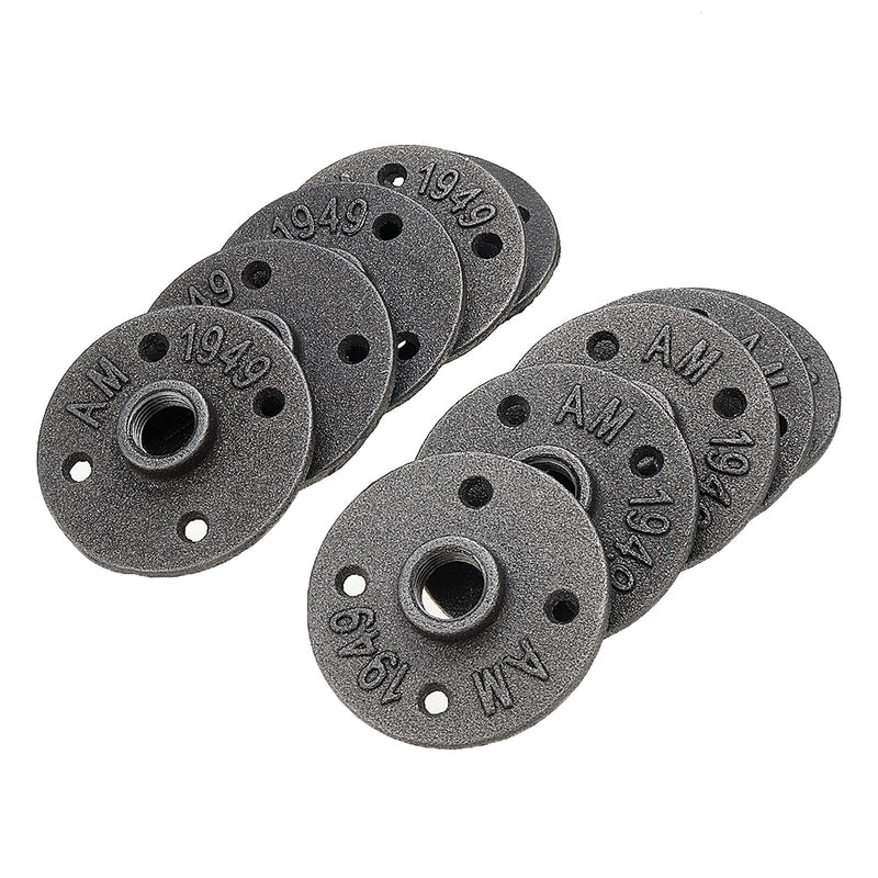 10Pcs/Set 1/2" 3/4" 1" Malleable Cast Iron Floor Flange Plates 4 Holes Black Pipes Fittings Industrial Pipe Furniture Wall Mount DIY Decor