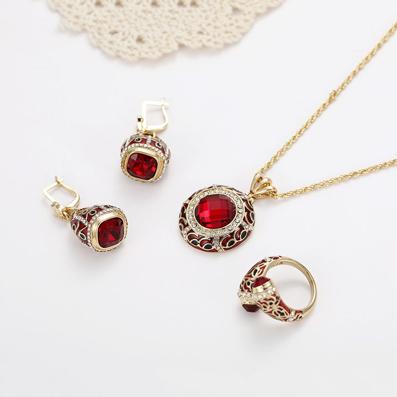 Luxury Red Crystal Statement Ring Charm Necklaces Star Drop Earrings Bridal Jewelry Set for Women