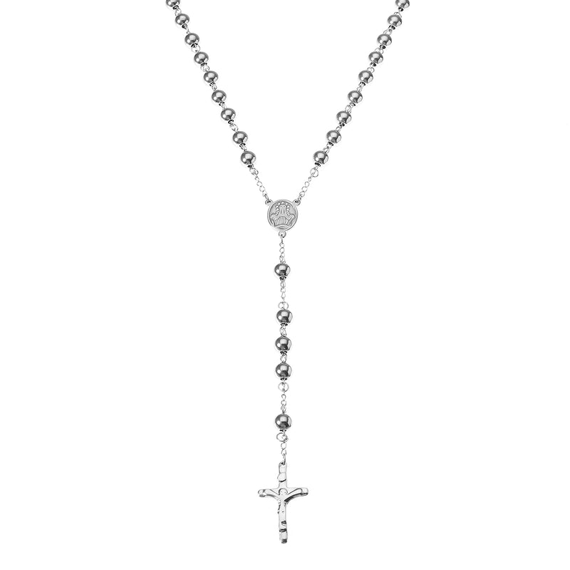 4/5/6/8mm Silver Tone Crossed Pendant Stainless Steel Bead Chain Jesus Christ Rosary Long Necklace Mens Womens Jewelry