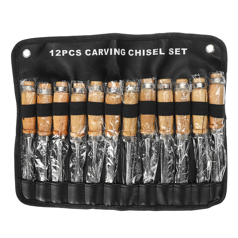 12Pcs Wood Carving Chisel Set Carbon Steel Woodworking Rolling Pouch