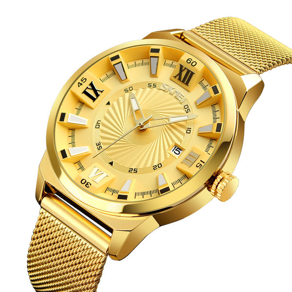 SKMEI 9166 Business Gold Stainless Steel Strap Date Display Waterproof Men Watch Quartz Watch