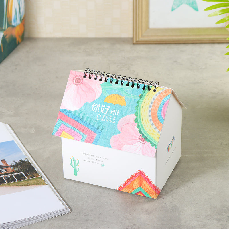 2019 Calendar Folding House Desktop Table Paper Note Storage Box Daily Organizer