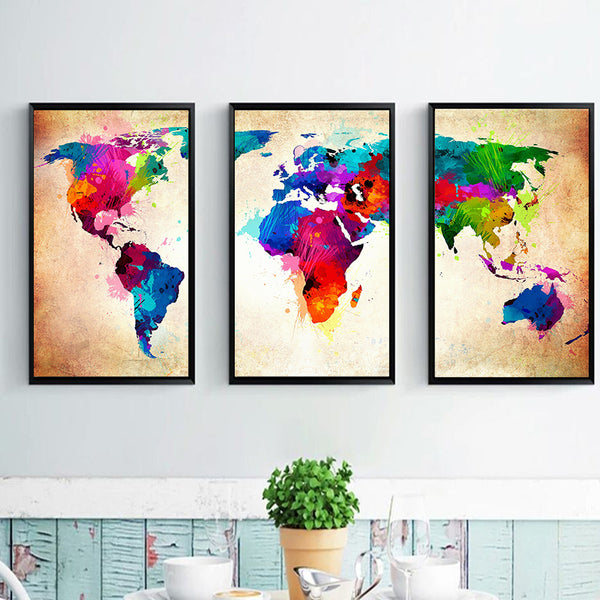 Miico Hand Painted Three Combination Decorative Paintings Colorful World Map Wall Art For Home Decoration
