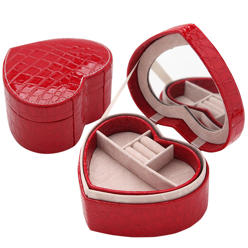 PU Heart Shaped Leather Jewelry Box Double Layers With Mirror for Earrings Necklace Rings