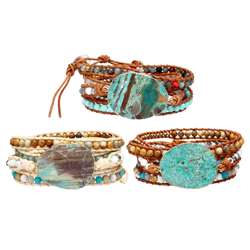 Ethnic Ocean Jasper Stone Bracelet Charm Wrap Leather Bracelet For Women Retro Style Bracelet